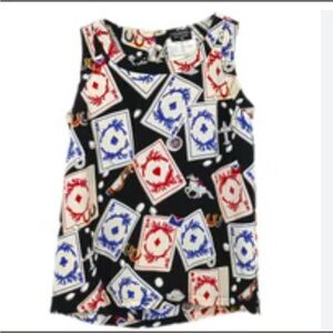 CHANEL Black and Red Playing Card Print Top